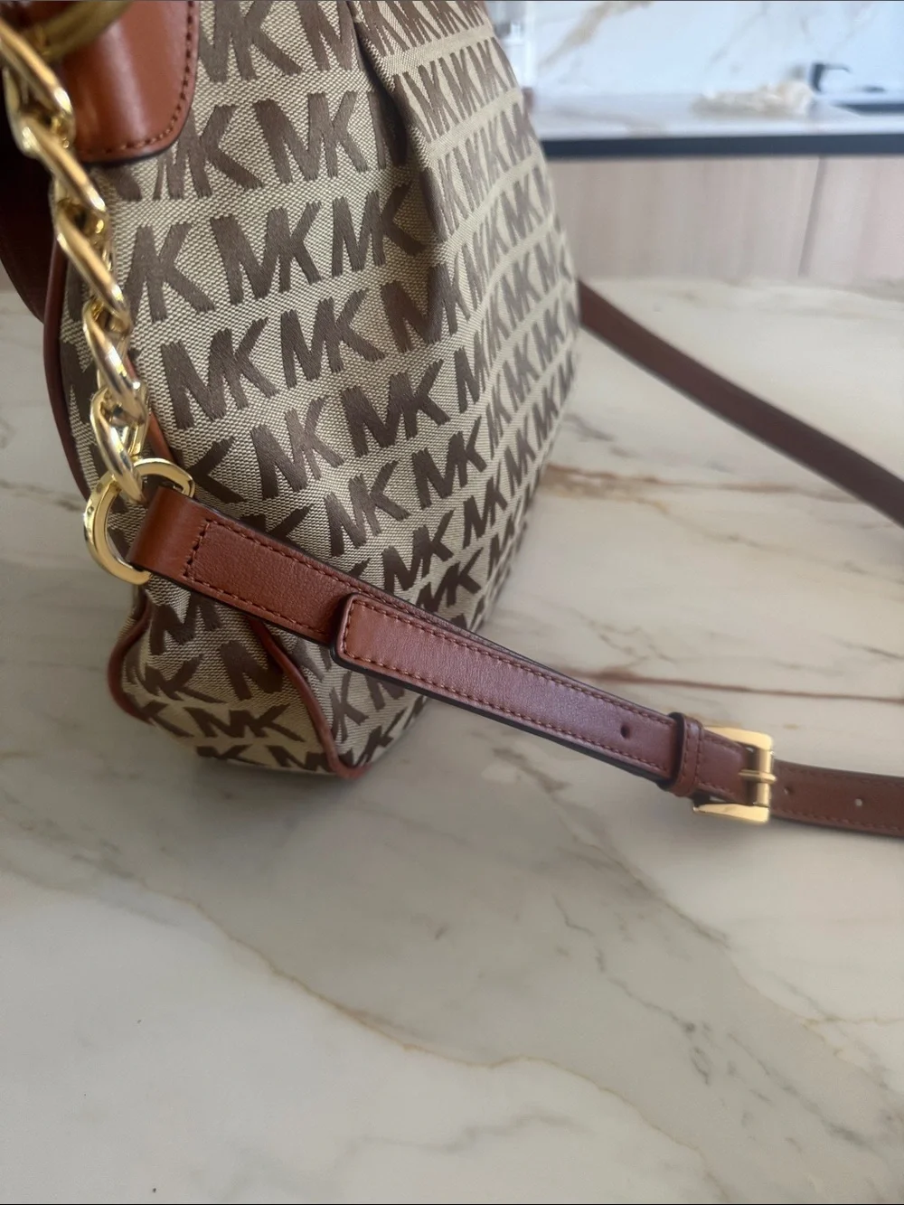 Michael Kors Beige and Brown MK Monogram Crossbody Bag